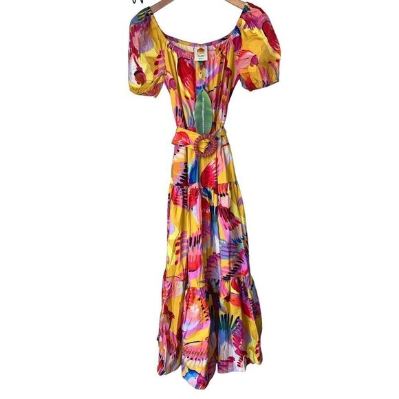FARM Rio Neon Macaws Puff Sleeve Belted Cotton Maxi Dress - Picture 6 of 12